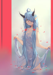 Rule 34 | 1girl, absurdres, ahoge, blue eyes, blue hair, breasts, cleavage, clothes lift, commentary request, covered navel, cowboy shot, dress, gradient background, grain, highres, horns, long hair, looking at viewer, one eye covered, original, petals, pointy ears, sidelocks, skirt, skirt lift, smile, solo, very long hair, wet, wet clothes, white dress