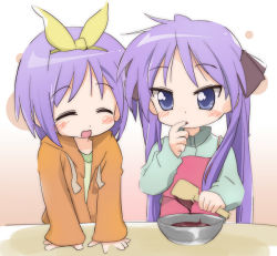 Rule 34 | 00s, 2girls, blush, cooking, closed eyes, hiiragi kagami, hiiragi tsukasa, lucky star, multiple girls, open mouth, purple hair, short hair, sisters, smile, tagme, tongue, tongue out, twins, twintails