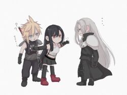 Rule 34 | ..., 1girl, 2boys, ?, ??, armor, baggy pants, bare shoulders, black coat, black footwear, black gloves, black hair, black pants, black skirt, black thighhighs, blonde hair, blue eyes, boots, breasts, buster sword, chibi, closed mouth, cloud strife, coat, commentary request, crop top, elbow gloves, final fantasy, final fantasy vii, final fantasy vii rebirth, final fantasy vii remake, fingerless gloves, full body, gloves, green eyes, grey background, grey hair, hair between eyes, kskooo, long hair, looking at another, low-tied long hair, medium breasts, midriff, multiple boys, navel, open hands, outstretched arms, pants, parted bangs, parted lips, popped collar, puff of air, red eyes, red footwear, sephiroth, short hair, shoulder armor, simple background, single arm guard, single bare shoulder, single sidelock, skirt, sleeveless, sleeveless turtleneck, spiked hair, standing, suspender skirt, suspenders, sweater, swept bangs, sword, tank top, thighhighs, tifa lockhart, turtleneck, turtleneck sweater, very long hair, weapon, weapon on back, white tank top, zettai ryouiki