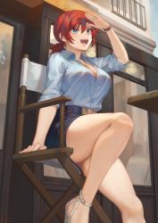 Rule 34 | 1girl, :d, belt, blue eyes, blue shirt, blue skirt, blue sky, blush, boudica (fate), bracelet, breasts, building, casual, chair, cleavage, collared shirt, day, fate/grand order, fate (series), hair between eyes, hand up, high-waist pants, high-waist shorts, high heels, highres, jewelry, large breasts, legs, long sleeves, low ponytail, mashuu (neko no oyashiro), necklace, open mouth, outdoors, pants, partially unbuttoned, pencil skirt, ponytail, red hair, shirt, short hair, shorts, sidelocks, sitting, skirt, sky, sleeves rolled up, smile, solo, thighs, white footwear