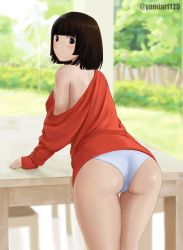Rule 34 | 1girl, absurdres, ass, blunt bangs, blurry, blurry background, blush, brown eyes, brown hair, closed mouth, commentary, english commentary, feet out of frame, from behind, highres, hoshijiro shizuka, leaning forward, looking back, medium hair, no pants, off-shoulder shirt, off shoulder, outdoors, panties, shiny skin, shirt, sidonia no kishi, sleeves past wrists, solo, table, thighs, twitter username, underwear, white panties, yamisouls