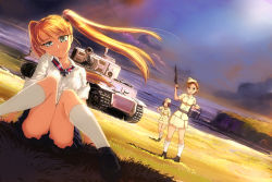 Rule 34 | 3girls, bad id, bad pixiv id, caterpillar tracks, character request, cloud, cross, dress shirt, dutch angle, garrison cap, happy, hat, head tilt, highres, iron cross, knees together feet apart, knees up, loafers, looking at viewer, medal, military, military uniform, military vehicle, miniskirt, motor vehicle, multiple girls, nogami takeshi, ocean, outdoors, serafuku to juusensha, shirt, shoes, skirt, sky, sleeves rolled up, smile, standing, tank, tiger i, twintails, uniform, vehicle, wehrmacht, white legwear, white shirt, world war ii, y youko peiper