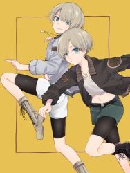 Rule 34 | 2boys, :&gt;, aobe mahito, bike shorts, blonde hair, blue eyes, boots, brothers, jacket, looking at viewer, male focus, multiple boys, original, shorts, siblings, smile, twins