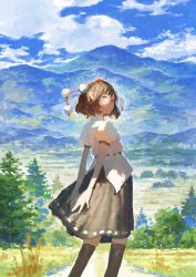Rule 34 | 1girl, arms behind back, black hair, brown hair, brown thighhighs, cloud, cloudy sky, fjsmu, forest, from behind, grasslands, hat, highres, mountainous horizon, nature, pointy ears, pom pom (clothes), puffy short sleeves, puffy sleeves, red eyes, ribbon, ribbon-trimmed skirt, ribbon trim, scenery, shameimaru aya, shirt, short hair, short sleeves, sideways glance, sky, smile, solo, thighhighs, tokin hat, touhou, white ribbon, white shirt