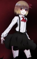 Rule 34 | 1girl, ascot, bad id, bad twitter id, black background, black skirt, blonde hair, cowboy shot, gradient background, grin, hair ribbon, highres, jpeg artifacts, long sleeves, looking at viewer, momendoufu, red ascot, red background, red eyes, red ribbon, ribbon, rumia, shirt, short hair, skirt, smile, solo, suspender skirt, suspenders, thighs, touhou, white shirt, wing collar