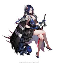 Rule 34 | 1girl, bare shoulders, bird, black gloves, black hair, blue bird, blue hair, breasts, choker, crossed legs, dress, feathered cape, feathers, floating, frilled choker, frilled dress, frills, gloves, hair ornament, high heels, highres, lentain, long hair, multicolored hair, official art, patent heels, pumps, red eyes, red hair, shoes, sitting, sleeveless, stiletto heels, sword, weapon, white background, wild girls