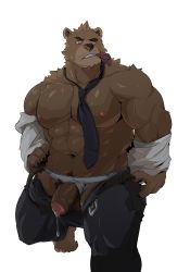 Rule 34 | 1boy, abs, absurdres, animal ears, bara, bare pectorals, bear boy, bear ears, blush, brown fur, bulge, clothes pull, clothing aside, come hither, condom, condom in mouth, condom wrapper, cum, foot out of frame, foreskin, furry, furry male, highres, jockstrap, large pectorals, looking at viewer, male focus, male pubic hair, male underwear, male underwear aside, mature male, mouth hold, muscular, muscular male, navel, navel hair, necktie, nipples, off shoulder, open clothes, open pants, open shirt, original, pants, pants pull, pectorals, penis, precum, presenting, pubic hair, salaryman, short hair, solo, stomach, sweat, underwear, undressing, warr (youdil1004), white male underwear