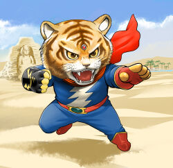 Rule 34 | belt, bodysuit, cape, chibi, colored sclera, desert, egypt, fangs, fingerless gloves, furry, gloves, highres, misogram, oasis, open mouth, red cape, red footwear, red gloves, sharp teeth, striped fur, takigawa go, teeth, tetsujin tiger seven, tiger, yellow sclera