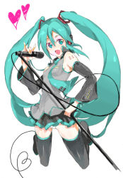 Rule 34 | 1girl, aqua hair, bad id, bad pixiv id, boots, breasts, green eyes, green hair, hatsune miku, heart, jumping, kazuko, long hair, looking at viewer, matching hair/eyes, microphone, microphone stand, miniskirt, necktie, panties, pantyshot, simple background, skirt, small breasts, smile, solo, thigh boots, thighhighs, twintails, underwear, very long hair, vocaloid, white background
