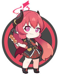 Rule 34 | 1girl, belt, belt buckle, black belt, black footwear, black shirt, blue archive, boots, buckle, chibi, closed mouth, collared shirt, commentary request, dango, food, full body, hair between eyes, halo, holding, holding food, horns, junko (blue archive), long hair, low twintails, nyaru (nyaru 4126), pleated skirt, pointy ears, purple eyes, red hair, red skirt, shirt, skirt, smile, solo, standing, twintails, very long hair, wagashi