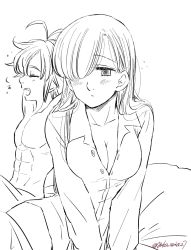 Rule 34 | 1boy, 1girl, blush, breasts, cleavage, collarbone, dress shirt, elizabeth liones, closed eyes, greyscale, hair over one eye, harumiya, long hair, long sleeves, medium breasts, meliodas, monochrome, naked shirt, nanatsu no taizai, nude, open mouth, parted lips, shirt, simple background, sketch, straight hair, tears, under covers, very long hair, white background, yawning