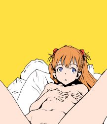 Rule 34 | 1girl, bad id, bad pixiv id, blue eyes, breasts, completely nude, convenient censoring, covering privates, covering breasts, female pubic hair, hair ornament, light brown hair, long hair, lying, navel, neon genesis evangelion, nude, on back, on bed, open mouth, out-of-frame censoring, pillow, pubic hair, rebuild of evangelion, small breasts, solo, souryuu asuka langley, spread legs, tamaoki benkyou