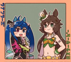 Rule 34 | 2girls, @ @, ahoge, animal ears, aqua hair, armband, blue eyes, blue hair, blush stickers, border, bow, brown hair, character name, choker, closed mouth, clothes writing, crop top, crossed arms, crossed bangs, green background, green eyes, hair bow, hair ornament, hairclip, hand on own hip, hashtag-only commentary, hat, heterochromia, highres, hood, hoodie, horse ears, horse girl, jacket, long hair, long sleeves, looking at viewer, mini hat, mini top hat, mr. c.b. (umamusume), multicolored clothes, multicolored hair, multicolored hoodie, multiple girls, navel, open clothes, open jacket, orange border, outline, purple eyes, sharp teeth, sidelocks, single sleeve, smile, sorairo meronpan, striped bow, teeth, top hat, twin turbo (umamusume), twintails, two-tone hair, umamusume, upper body, very long hair, white jacket, white outline, wrist cuffs, yellow choker