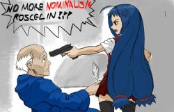 Rule 34 | angry, ayase yue, bald, black legwear, blue eyes, blue hair, english text, from side, gun, habit, jos91doodles, long hair, mahou sensei negima!, miniskirt, monk, negima!?, old, old man, quill, real life, red skirt, red vest, roscelin de compiegne, skirt, speech bubble, thighhighs, very long hair, vest, weapon, white background, white hair, window
