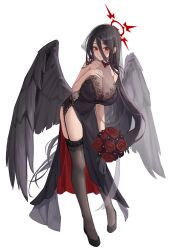 Rule 34 | 1girl, 1yu x, absurdres, alternate costume, black dress, black footwear, black hair, black thighhighs, black wings, blue archive, breasts, cleavage, closed mouth, dress, feathered wings, halo, hasumi (blue archive), highres, huge breasts, long hair, looking at viewer, mole, mole under eye, red eyes, red halo, shoes, solo, thighhighs, transparent background, very long hair, wings