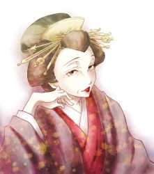Rule 34 | 1girl, black hair, gender request, genderswap, gradient background, hand on own face, head rest, japanese clothes, kimono, lipstick, makeup, nihongami, real life, sanctuary-of-apricot, solo, tokugawa tsunayoshi
