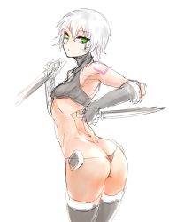 Rule 34 | 1girl, ass, breasts, butt crack, commentary request, contrapposto, cowboy shot, crop top, dagger, dual wielding, elbow gloves, fate/apocrypha, fate/grand order, fate (series), from behind, gloves, green eyes, hair between eyes, high collar, holding, hometa, jack the ripper (fate/apocrypha), knife, looking at viewer, looking back, scar, scar on face, short hair, shoulder tattoo, sketch, small breasts, solo, standing, tattoo, thighhighs, thong, weapon, white background, white hair