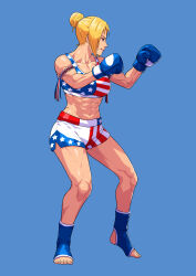 1girl abs american_flag american_flag_bra american_flag_print american_flag_shorts armband blonde_hair blue_background blue_eyes boxer boxers boxing_gloves bra cirenk collarbone commission feet fighting_stance flag_print hair_bun looking_to_the_side male_underwear midriff muscular muscular_female original ponytail shiny_skin shorts simple_background smile solo sports_bra standing standing_on_one_leg thighs toeless_legwear toes underwear