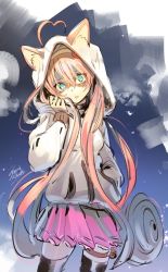 Rule 34 | 10s, 1girl, animal ears, animal hood, artist name, bad id, bad pixiv id, black thighhighs, cat ears, cat girl, cat hood, glaring, hair between eyes, hand in pocket, hood, hoodie, koyoi mitsuki, long hair, looking at viewer, parted lips, pink skirt, pleated skirt, rosia (show by rock!!), shaded face, show by rock!!, signature, sketch, skirt, solo, standing, thighhighs, very long hair, zettai ryouiki