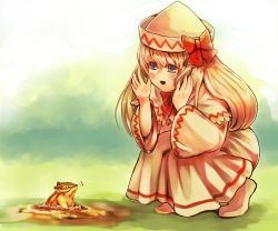 Rule 34 | 1girl, blonde hair, blue eyes, blurry, blurry background, blush, bow, chipmunk, commentary request, day, dress, grass, hair between eyes, hands on own face, hat, hat bow, highres, hole, lily white, long hair, looking down, open mouth, outdoors, pink footwear, reika winter, shadow, solo, spring (season), squatting, squirrel, touhou, very long hair, white dress, white hat