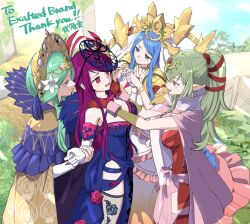 Rule 34 | 4girls, blue hair, blush, breasts, cleavage, cloak, dress, fire emblem, fire emblem: three houses, fire emblem awakening, fire emblem engage, fishnet thighhighs, fishnets, flower brooch, green hair, heart, heart-shaped pupils, highres, in-franchise crossover, ivy (fire emblem), lumera (fire emblem), minorudonguri, multiple girls, nintendo, ponytail, purple hair, rhea (fire emblem), see-through, see-through headwear, standing, symbol-shaped pupils, thighhighs, tiara, tiki (adult) (fire emblem), tiki (fire emblem), yuri