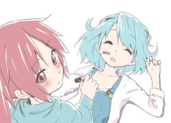 Rule 34 | 10s, 2girls, :o, aqua hair, blush, casual, errant, closed eyes, drawing on another&#039;s face, hard-translated, looking back, mahou shoujo madoka magica, marker, miki sayaka, multiple girls, open mouth, overalls, red eyes, red hair, sakura kyoko, third-party edit, translated