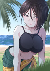 Rule 34 | 1girl, arms at sides, asymmetrical hair, bang dream!, beach, bikini, black bikini, black hair, blue sky, breasts, collarbone, contrapposto, cowboy shot, eyebrows hidden by hair, green sarong, highres, kitayu, large breasts, leaf, leaning forward, light smile, looking at viewer, morfonica, navel, outdoors, palm tree, purple eyes, sand, sarong, shadow, short hair, single sidelock, sky, solo, stomach, sunlight, swimsuit, tree, waves, yashio rui