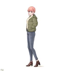 Rule 34 | 1girl, brown footwear, commentary request, denim, down jacket, full body, go-toubun no hanayome, green jacket, hands in pockets, high heels, highres, hood, hooded jacket, jacket, jeans, looking at viewer, nakano ichika, open clothes, open jacket, pants, pink hair, purple eyes, ricky (haye4843), short hair, signature, simple background, smile, solo, standing, sweater, turtleneck, turtleneck sweater, white background, yellow sweater