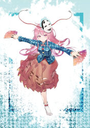 Rule 34 | 1girl, absurdres, bare legs, blue shirt, breasts, collared shirt, dual wielding, expressionless, hair between eyes, hand fan, hata no kokoro, highres, holding, holding fan, leg up, long hair, looking at viewer, mask, mask on head, medium skirt, orange skirt, outstretched arms, pink eyes, pink hair, plaid, plaid shirt, rice (okome no naru ki), shirt, skirt, small breasts, solo, standing, standing on one leg, staring, touhou, very long hair