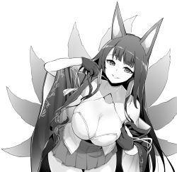 Rule 34 | 1girl, akagi (azur lane), animal ears, azur lane, blush, breasts, cleavage, fox ears, fox girl, fox tail, gloves, greyscale, highres, hori (hori no su), large breasts, lips, long hair, looking at viewer, monochrome, parted lips, partially fingerless gloves, pleated skirt, short sleeves, skirt, smile, solo, tail