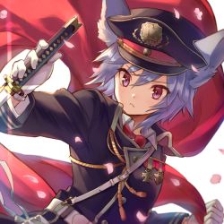 Rule 34 | 1girl, animal ear fluff, animal ears, belt, black coat, black hat, cape, cherry blossoms, coat, commentary request, gloves, hair between eyes, hat, holding, holding sword, holding weapon, litter1152, looking at viewer, medal, original, peaked cap, red cape, red eyes, short hair, silver hair, simple background, solo, sword, weapon, white background, white gloves, wolf ears