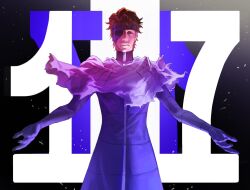 Rule 34 | 1boy, aizen sousuke, bleach, bleach: sennen kessen-hen, brown hair, cloak, cowboy shot, eyepatch, gradient background, hieumay, highres, light particles, looking at viewer, male focus, nostrils, number background, open hand, orange eyes, outstretched arms, parted lips, purple cloak, shawl, shinigami, short hair, solo, straight-on, teeth, torn clothes, turtleneck