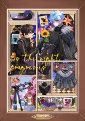 Rule 34 | 2boys, black capelet, black footwear, black gloves, black hair, black headwear, black lips, black pants, black robe, blue hair, book, book stack, boots, candle, capelet, cavalier hat, chaonkun0303, content rating, flower, food, frilled sleeves, frills, fruit, full body, gloves, gradient hair, grapes, hair between eyes, hat, hat feather, highres, holding, holding flower, hourglass, idia shroud, jewelry, kneeling, knees to chest, lipstick, long sleeves, makeup, male focus, mask, masquerade mask, multicolored hair, multiple boys, necklace, official alternate hair length, official alternate hairstyle, open mouth, pants, pennant, pink hair, postage stamp, robe, shelf, short hair, sitting, statue, string of flags, sunflower, title, top hat, twisted wonderland, unworn hat, unworn headwear, yellow flower, yuu (twisted wonderland)