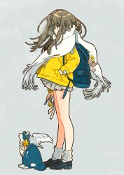 Rule 34 | 1girl, animal, backpack, bag, bag charm, bare legs, black footwear, blush, breath, brown eyes, brown hair, cat, charm (object), closed mouth, coat, commentary, english commentary, fringe trim, from above, full body, grey skirt, highres, holding, keishin, loafers, long hair, long sleeves, miniskirt, open clothes, open coat, original, pleated skirt, profile, scarf, shoes, skirt, socks, standing, star (symbol), white legwear, white scarf, white wings, wings, yellow coat