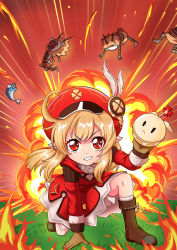 Rule 34 | 1girl, :d, absurdres, ahoge, atawatsho, bent over, bloomers, bomb, boots, brown footwear, brown gloves, brown scarf, cabbie hat, clover print, coat, commentary, english commentary, explosion, explosive, fire, fish, genshin impact, gloves, grass, grin, hair between eyes, hat, highres, hilichurl (genshin impact), holding, jumpy dumpty, klee (genshin impact), kneeling, light brown hair, long hair, long sleeves, looking at viewer, low twintails, open mouth, pointy ears, red coat, red eyes, scarf, sidelocks, smile, thigh boots, thighhighs, twintails, underwear, v-shaped eyebrows, wind