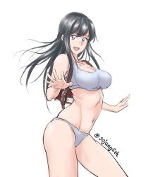 Rule 34 | 1girl, absurdres, aged up, alternate breast size, asashio (kancolle), backpack, bag, black hair, blue eyes, bra, breasts, cleavage, collarbone, contrapposto, cowboy shot, grey bra, grey panties, highres, kantai collection, large breasts, long hair, navel, open mouth, panties, randoseru, simple background, smile, solo, sozan, sports bra, standing, twitter username, underwear, underwear only, white background