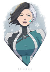 Rule 34 | 1girl, black eyes, black hair, blue eyes, breasts, headset, heterochromia, highres, large breasts, looking at viewer, luna snow, marvel, marvel future fight, multicolored hair, nalindale, open mouth, portrait, short hair, smile, snowflakes, solo, two-tone hair, white hair