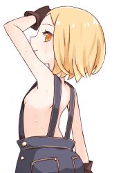 Rule 34 | 1girl, bare shoulders, blonde hair, breasts, brown gloves, closed mouth, commentary request, fate/grand order, fate (series), from behind, gloves, i.u.y, looking at viewer, looking back, naked overalls, orange eyes, overalls, paul bunyan (fate), paul bunyan (third ascension) (fate), profile, short hair, sideboob, simple background, small breasts, smile, solo, sweat, white background