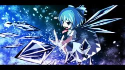 Rule 34 | 1girl, blue eyes, blue hair, bow, cirno, dress shirt, hair bow, ice, ice wings, letterboxed, mankun, matching hair/eyes, open mouth, outstretched arm, ribbon, shirt, short hair, snowflakes, solo, touhou, wings