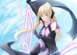 Rule 34 | 1girl, black bodysuit, black ribbon, blonde hair, blue sky, blush, bodysuit, borrowed character, breasts, brown eyes, cleavage, cloud, cloudy sky, commission, flying, gloves, hair between eyes, hair ribbon, high ponytail, highres, keenh, large breasts, long hair, looking at viewer, multicolored bodysuit, multicolored clothes, original, outdoors, outstretched arm, ponytail, purple bodysuit, purple sailor collar, ribbon, sailor collar, satou mayumi (rc f), skin tight, sky, solo