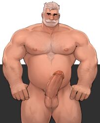 Rule 34 | 1boy, arms at sides, bara, beard, beard over mouth, belly, completely nude, cowboy shot, dopey (dopq), erection, facial hair, fat, fat man, full beard, girthy penis, hairy, highres, large pectorals, looking at viewer, male focus, mature male, muscular, muscular male, mustache, navel hair, nipples, nude, old, old man, original, paid reward available, pectorals, penis, pubic stubble, short hair, solo, sparse arm hair, sparse chest hair, thick beard, thick eyebrows, thick mustache, thighs together, uncensored, white hair