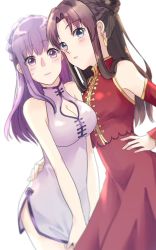 Rule 34 | 2girls, blue eyes, braid, breasts, brown hair, china dress, chinese clothes, cleavage, cleavage cutout, clothing cutout, cowboy shot, crown braid, detached sleeves, dress, dress tug, earrings, fate/stay night, fate (series), hair intakes, hand on another&#039;s hip, hand on own hip, jewelry, long hair, long sleeves, matou sakura, medium breasts, multiple girls, parted lips, purple dress, purple eyes, purple hair, red dress, red sleeves, ro96cu, short dress, siblings, side slit, simple background, sisters, sleeveless, sleeveless dress, standing, tohsaka rin, very long hair, white background