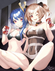 Rule 34 | 2girls, blue hair, brown hair, can, choker, commission, drink can, eigo ichii, girls&#039; frontline, grin, highres, k11 (girls&#039; frontline), multiple girls, navel, one eye closed, p90 (girls&#039; frontline), partially undressed, purple eyes, red eyes, skeb commission, smile, soda can