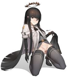 Rule 34 | 1girl, absurdres, arknights, artist name, ascot, belt, belt buckle, black ascot, black belt, black bustier, black eyes, black footwear, black gloves, black hair, black halo, black skirt, black thighhighs, blunt bangs, blush, bright pupils, broken halo, buckle, bustier, buttons, cleft of venus, collared jacket, colored inner hair, commentary request, content rating, dark halo, dress shirt, from side, full body, gloves, grey hair, grey shirt, groin, hair flowing over, hair spread out, halo, hand up, head tilt, heel up, high heels, highres, hime cut, holding, holding clothes, holding skirt, impasto, invisible floor, jacket, kneeling, layered sleeves, leaning, leaning back, long hair, long sleeves, looking at viewer, looking to the side, midriff peek, miniskirt, mole, mole under eye, multicolored hair, naughty face, navel, no panties, nose blush, pale skin, parted lips, pleated skirt, presenting, presenting pussy, pussy, shadow, shirt, short over long sleeves, short-sleeved jacket, short sleeves, sidelocks, sideways glance, signature, simple background, skindentation, skirt, smile, smirk, solo, spread legs, steaming body, stomach, straight hair, strappy heels, sweat, tachi-e, tayu (tayu114514), teeth, thighhighs, thighs, two-tone hair, unworn skirt, variant set, very long hair, virtuosa (arknights), white background, white belt, white jacket, white pupils, wide sleeves, wing collar