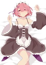 Rule 34 | 1girl, bare shoulders, bed sheet, blush, breasts, closed mouth, commentary, detached sleeves, hair between eyes, hair ornament, hair ribbon, hair spread out, highres, looking at viewer, lying, maid, maid headdress, on back, on bed, pink eyes, pink hair, pink ribbon, purple ribbon, ram (re:zero), re:zero kara hajimeru isekai seikatsu, ribbon, roswaal mansion maid uniform, simple background, small breasts, symbol-only commentary, white background, x hair ornament, yasehattagi