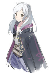 Rule 34 | 1girl, belt, black robe, braid, brown belt, brown eyes, closed mouth, commentary request, fire emblem, fire emblem awakening, french braid, hood, hood down, hooded robe, long hair, long sleeves, looking at viewer, menoko, nintendo, open clothes, open robe, robe, robin (female) (fire emblem), robin (fire emblem), simple background, smile, solo, swept bangs, twintails, white background, white hair