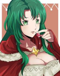 Rule 34 | 1girl, breasts, cecilia (fire emblem), christmas, cleavage, cloak, cream on body, eating, fire emblem, fire emblem: the binding blade, fire emblem heroes, food, fruit, green eyes, green hair, large breasts, long hair, looking at viewer, nintendo, portrait, rem (eyes 410), simple background, solo, strawberry