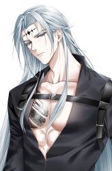 Rule 34 | 1boy, belt, black shirt, blue eyes, calcharo (wuthering waves), closed mouth, collarbone, highres, long hair, looking at viewer, shirt, sidelocks, solo, tacet mark (wuthering waves), tattoo, toned, toned male, upper body, white hair, wuthering waves, z0umu