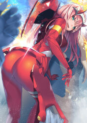 Rule 34 | 1girl, absurdres, armlet, ass, ass focus, bodysuit, darling in the franxx, from behind, green eyes, hairband, highres, horns, long hair, looking at viewer, looking back, oni horns, open mouth, pilot suit, pink hair, red bodysuit, red horns, skin tight, slumcat, smile, solo, zero two (darling in the franxx)