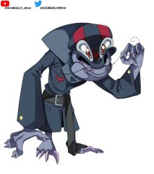 Rule 34 | belt, claws, coat, dick dastardly, digimon, digimon (creature), facial hair, mark of evil, mustache, original, sharp teeth, simple background, teeth, wacky races, white background